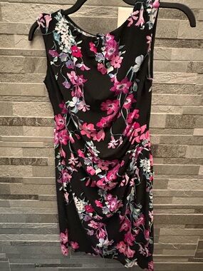 Chaps Black Midi Dress with Pink & Purple Floral Print